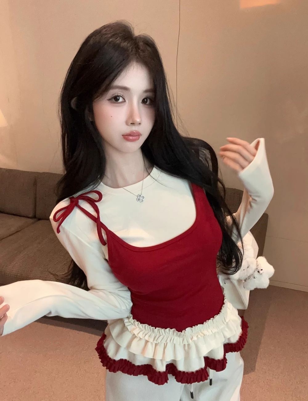 Lace large yard bottoming shirt Pseudo-two tops for women