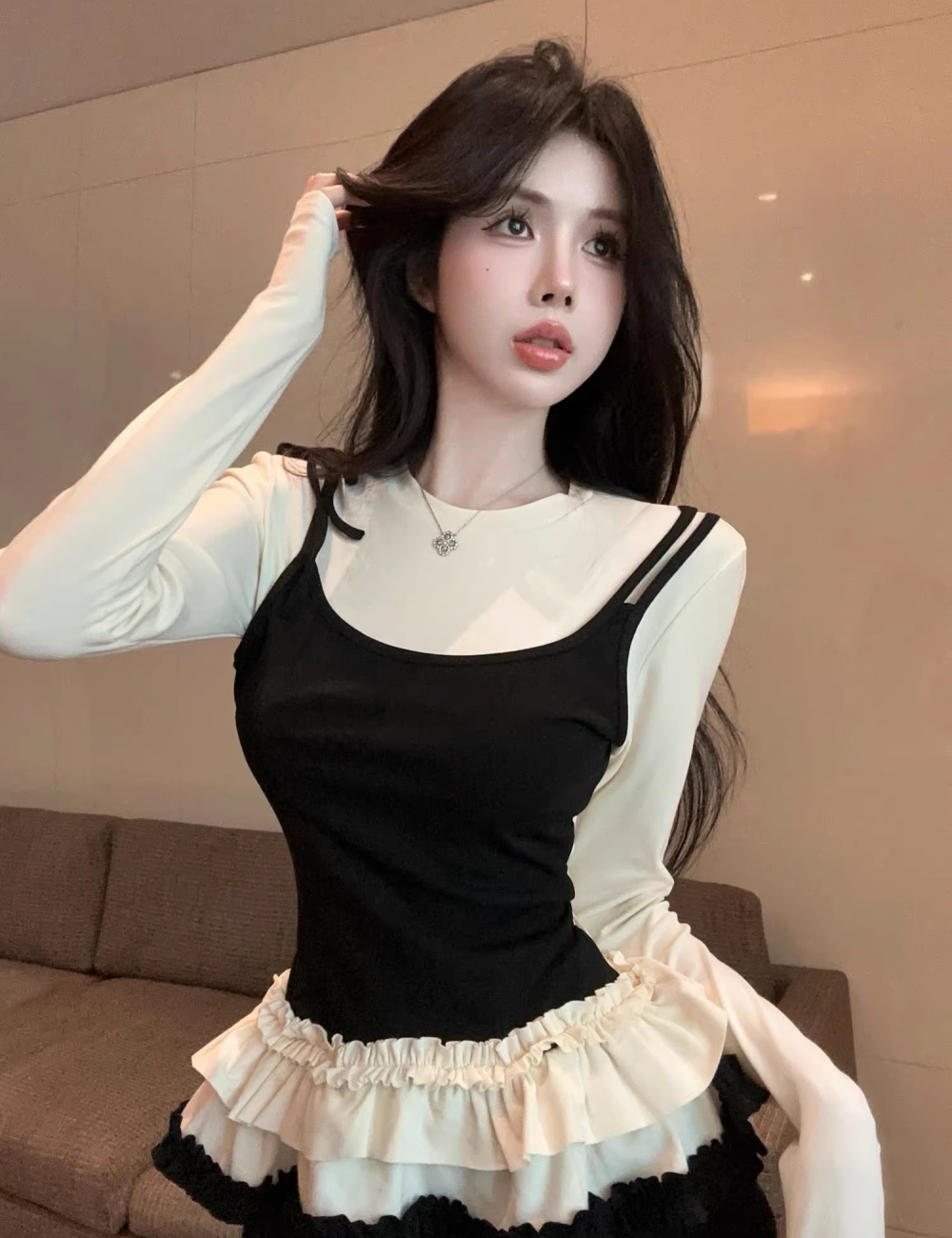 Lace large yard bottoming shirt Pseudo-two tops for women