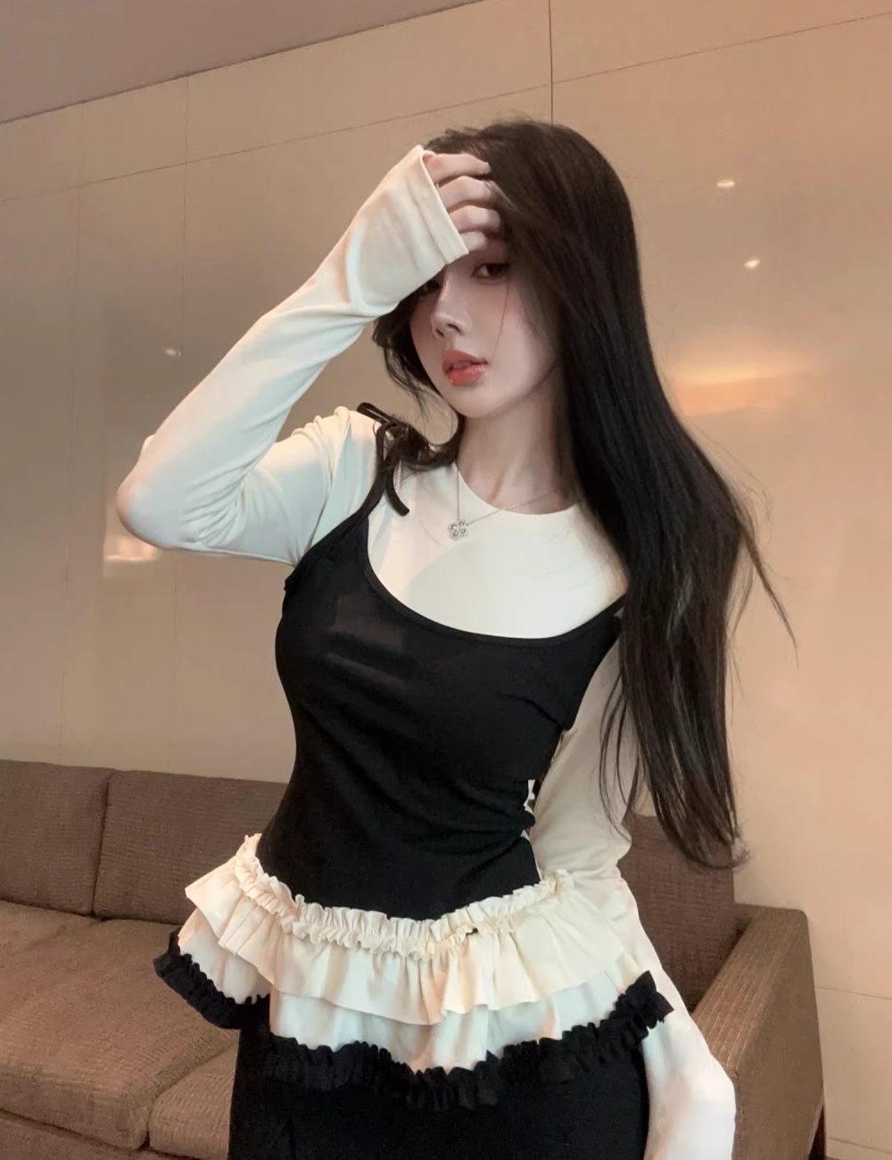 Lace large yard bottoming shirt Pseudo-two tops for women