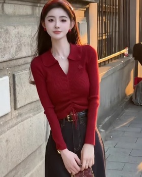 Short chanelstyle autumn tops red slim sweater for women