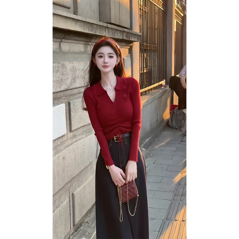 Short chanelstyle autumn tops red slim sweater for women