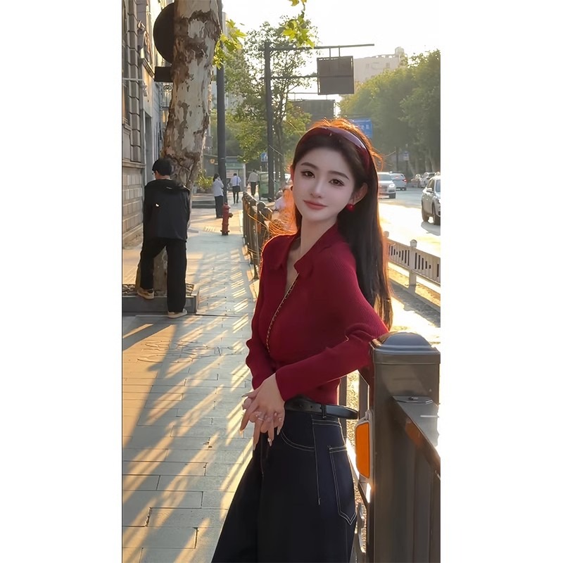 Short chanelstyle autumn tops red slim sweater for women