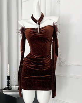 Diamond sexy winter chain ostrich hair dress for women