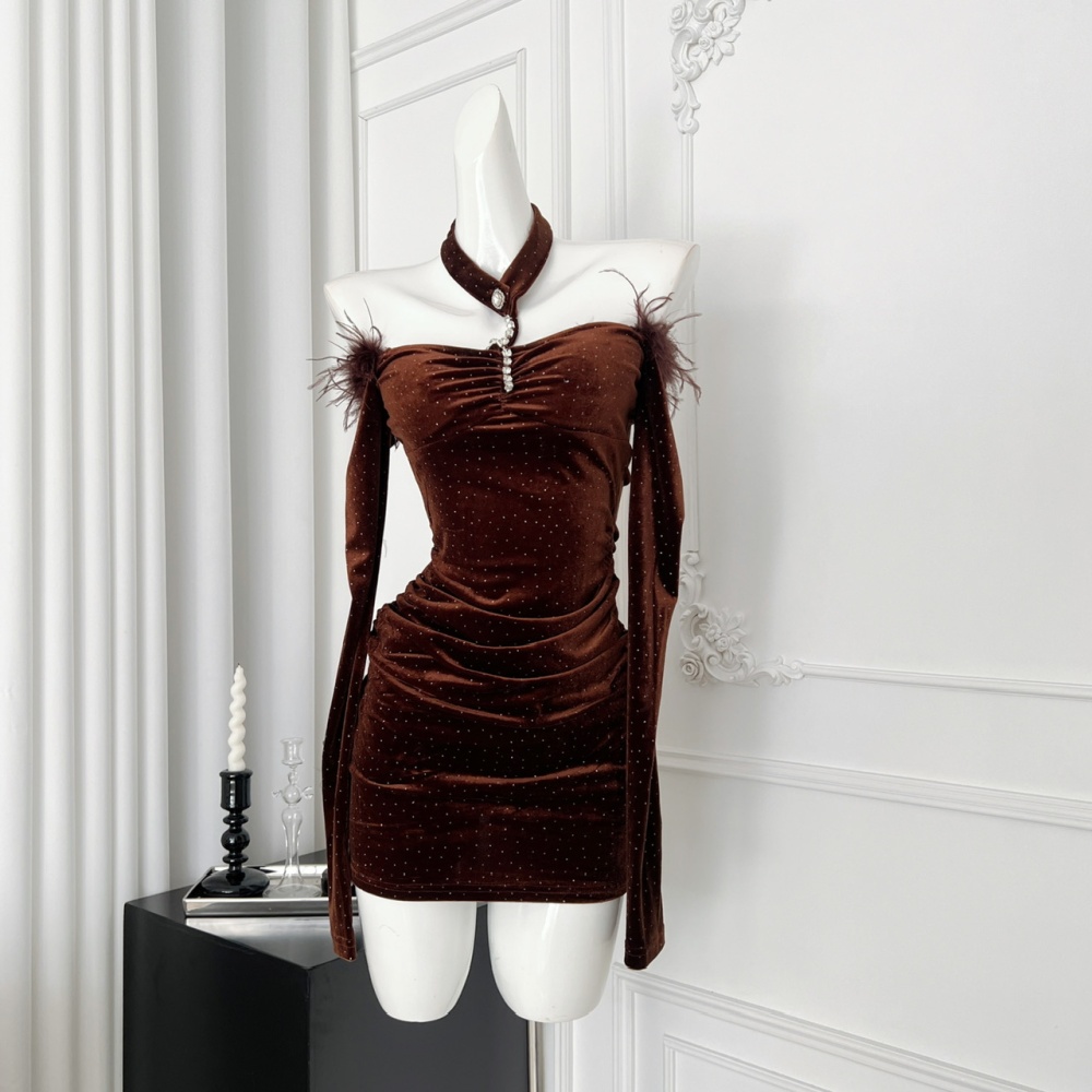 Diamond sexy winter chain ostrich hair dress for women