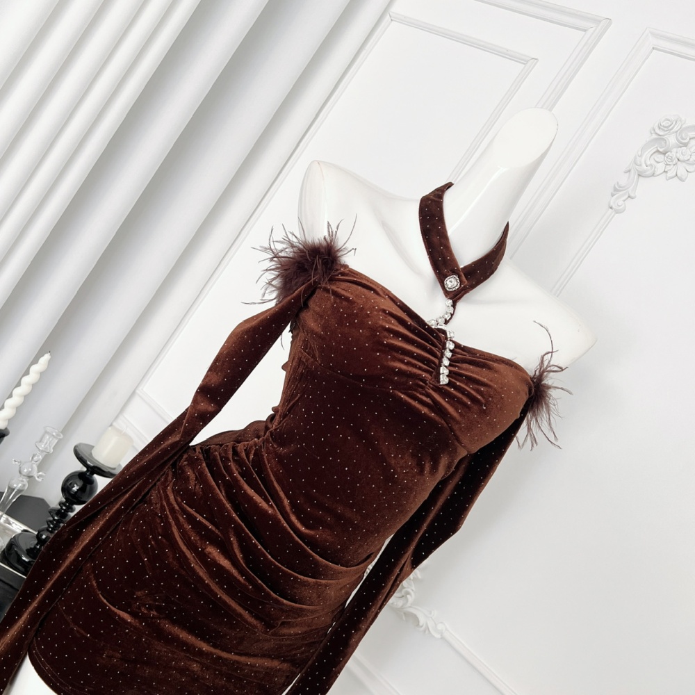 Diamond sexy winter chain ostrich hair dress for women