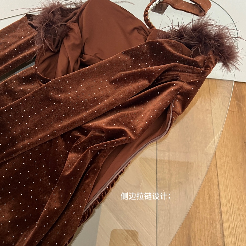 Diamond sexy winter chain ostrich hair dress for women