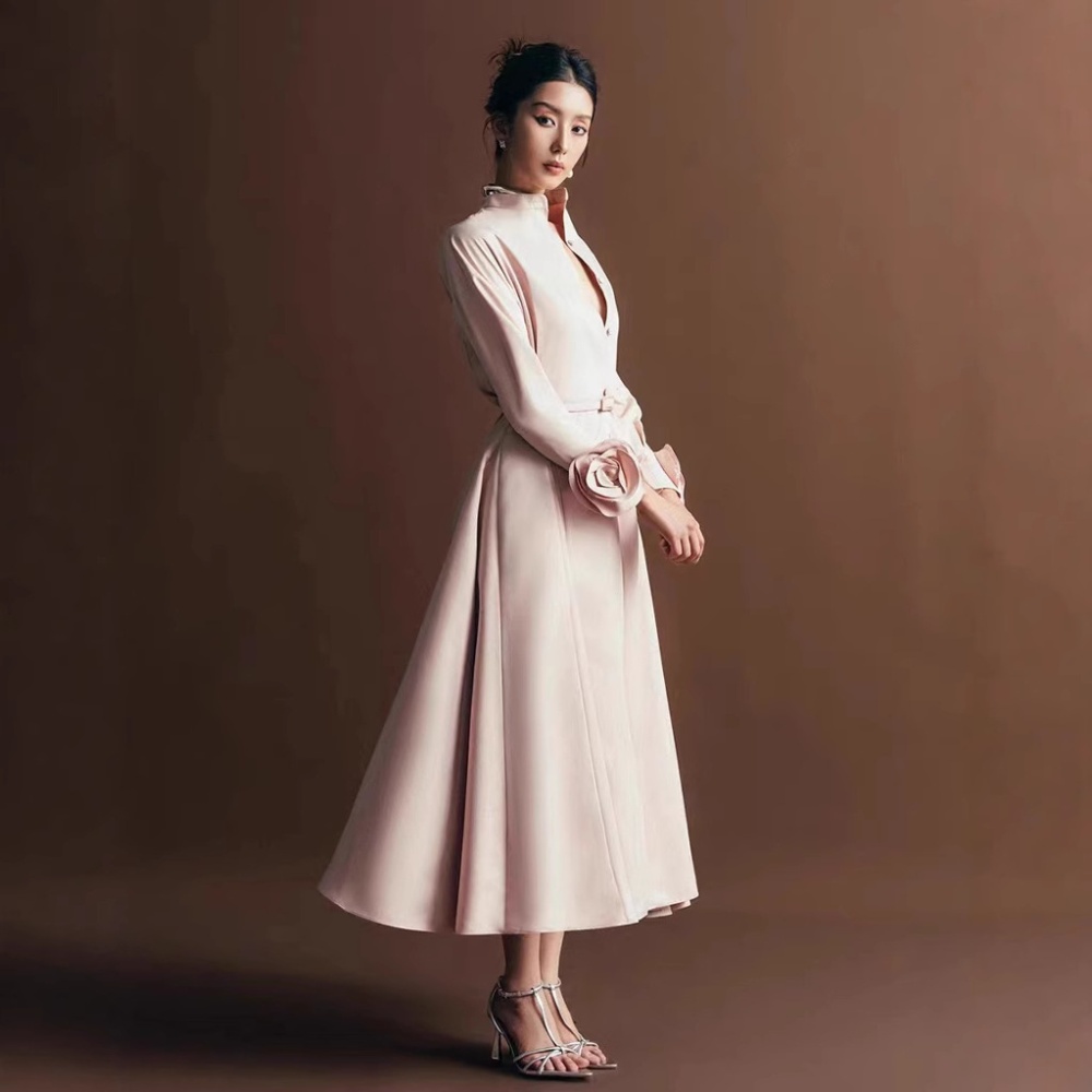 Half high collar big skirt long dress tender rose shirt