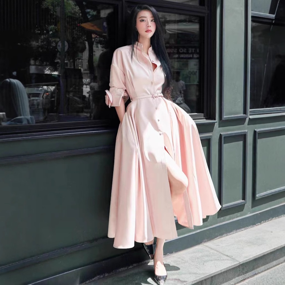 Half high collar big skirt long dress tender rose shirt