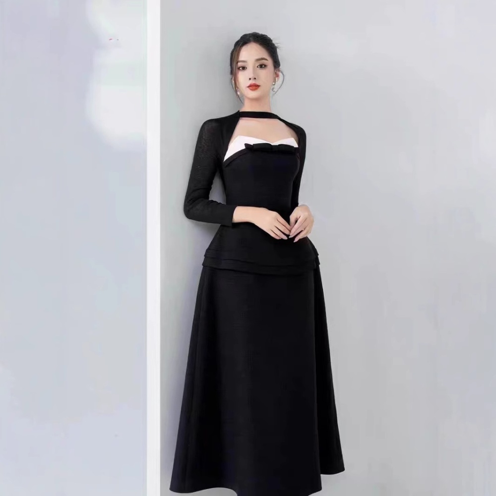 Pseudo-two bow black long dress halter mixed colors dress