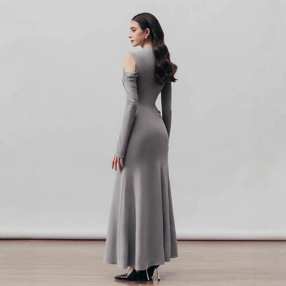 Pinched waist slim simple dress autumn hollow long dress