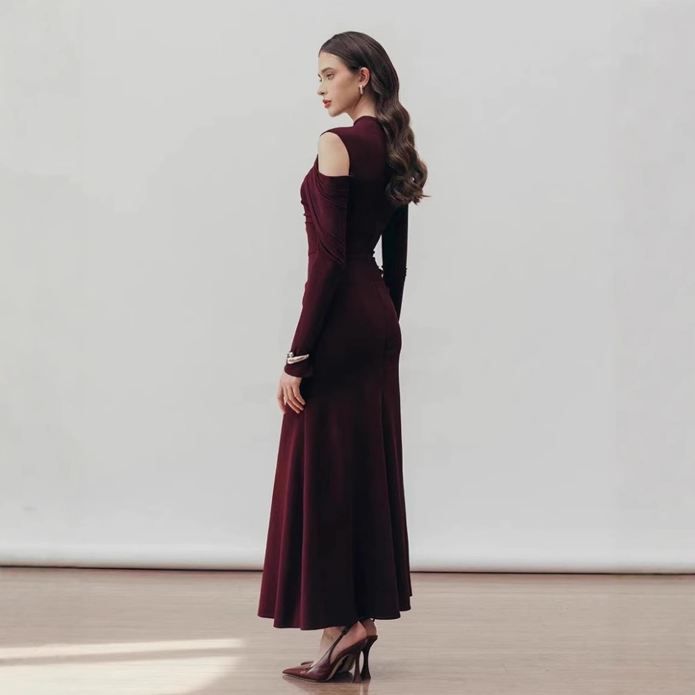 Pinched waist slim simple dress autumn hollow long dress