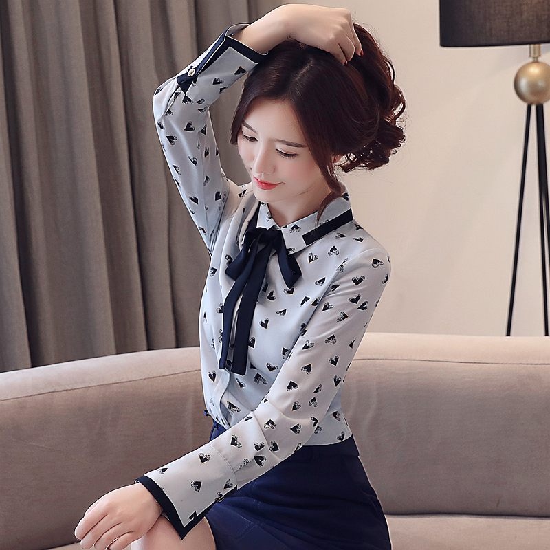 Frenum chiffon long sleeve shirt bow spring floral tops