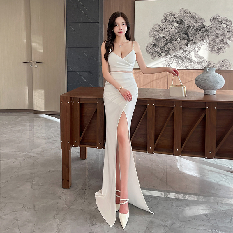 Sexy sling banquet long dress split ladies preside evening dress