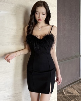 Fur collar sling sexy dress halter nightclub T-back