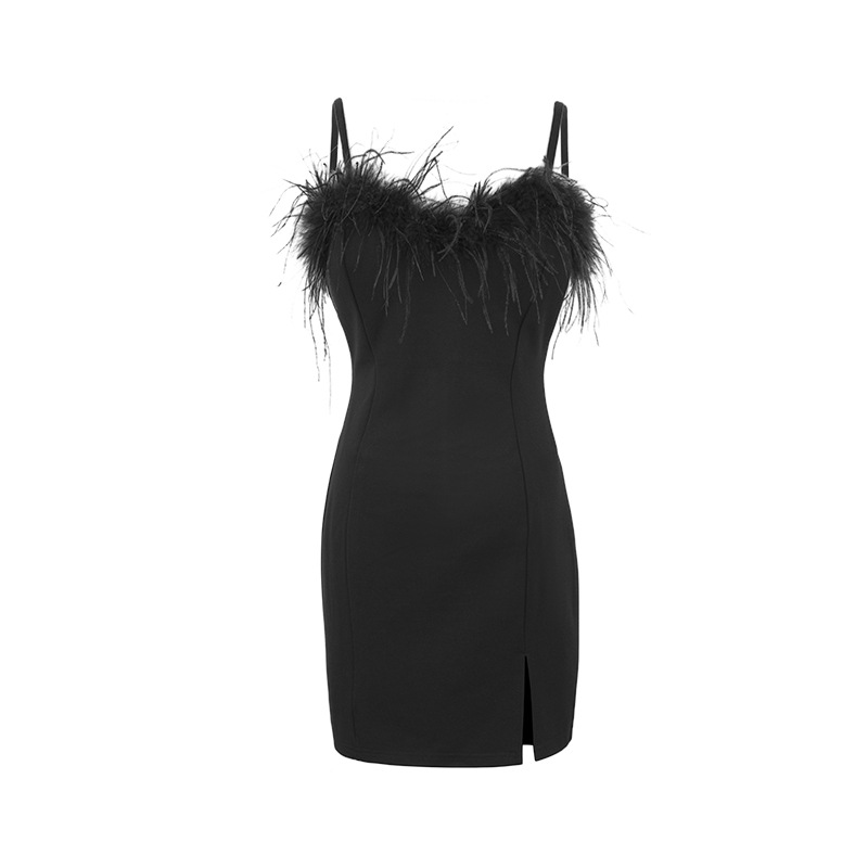 Fur collar sling sexy dress halter nightclub T-back