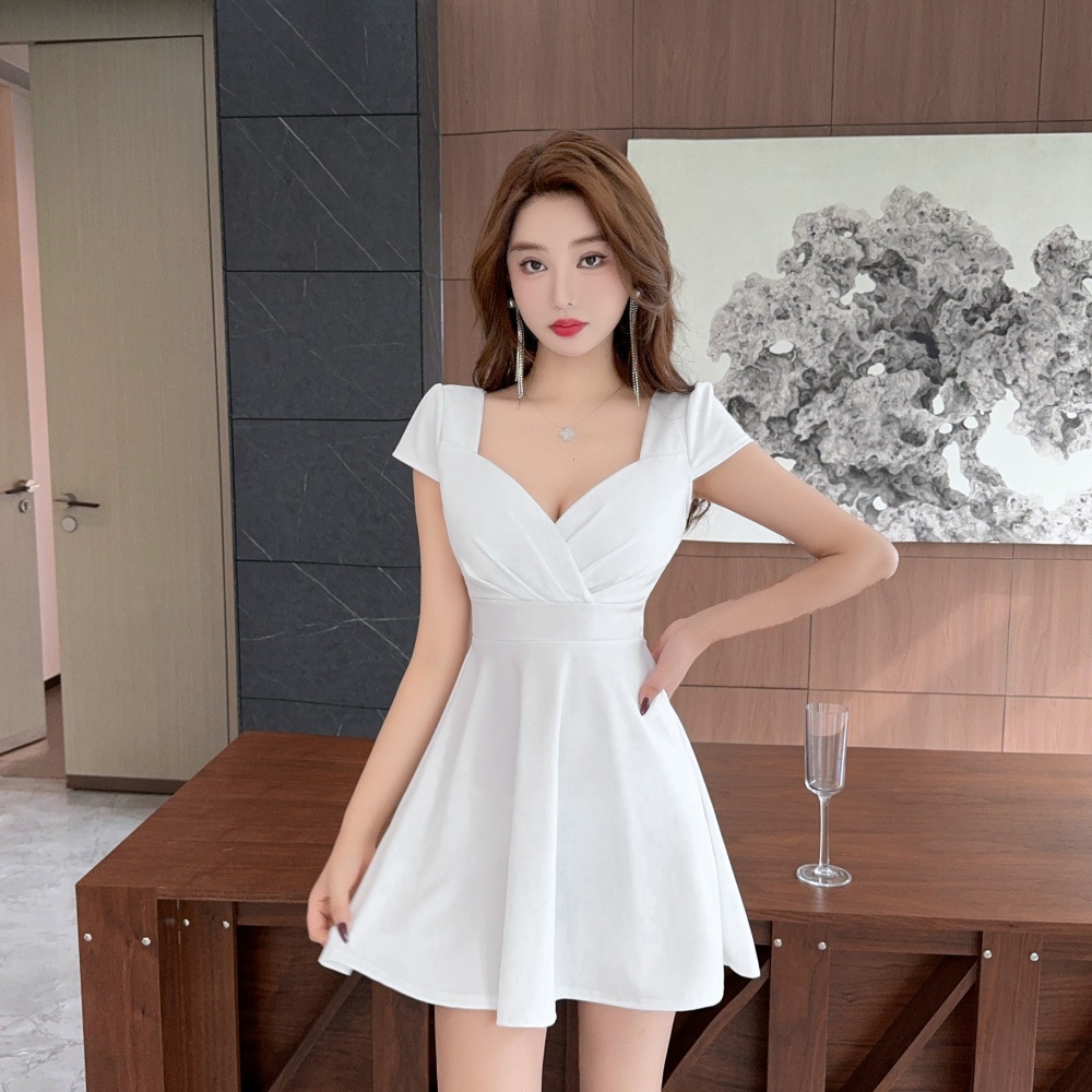 Simple bottoming A-line sexy halter short sleeve dress