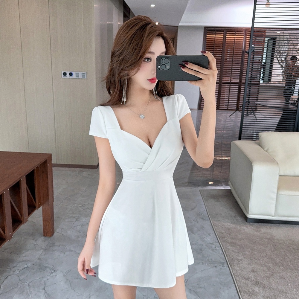 Simple bottoming A-line sexy halter short sleeve dress