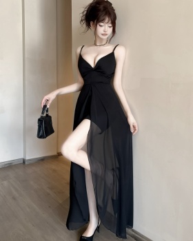 Gauze package hip long sling sexy splice low-cut dress