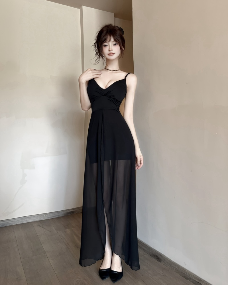 Gauze package hip long sling sexy splice low-cut dress