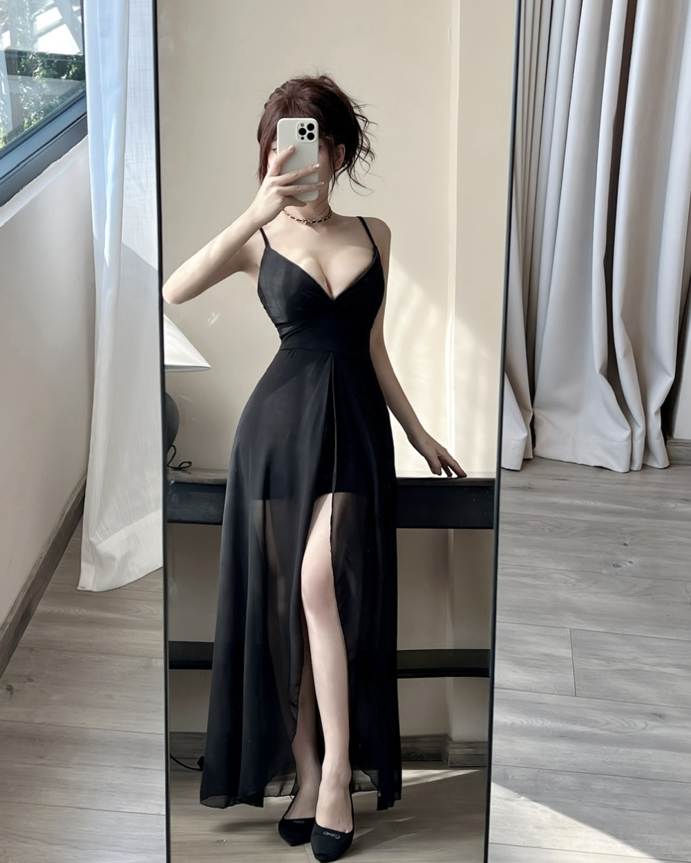 Gauze package hip long sling sexy splice low-cut dress