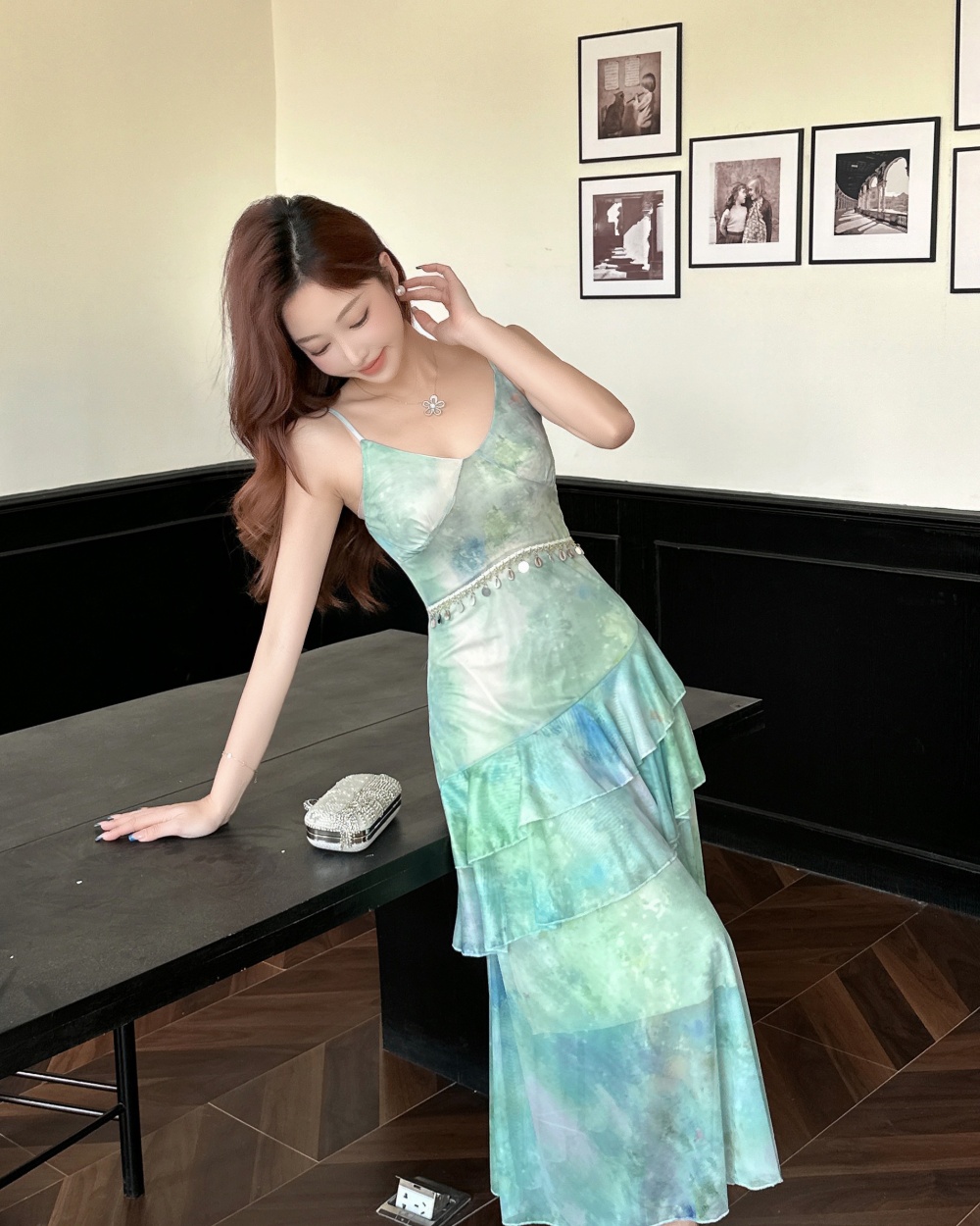 Printing sexy long gauze sling dress