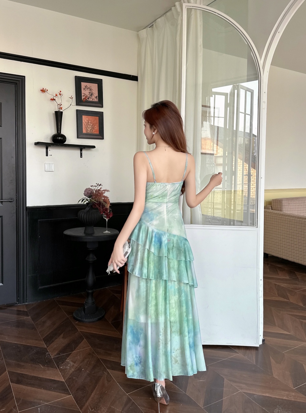 Printing sexy long gauze sling dress