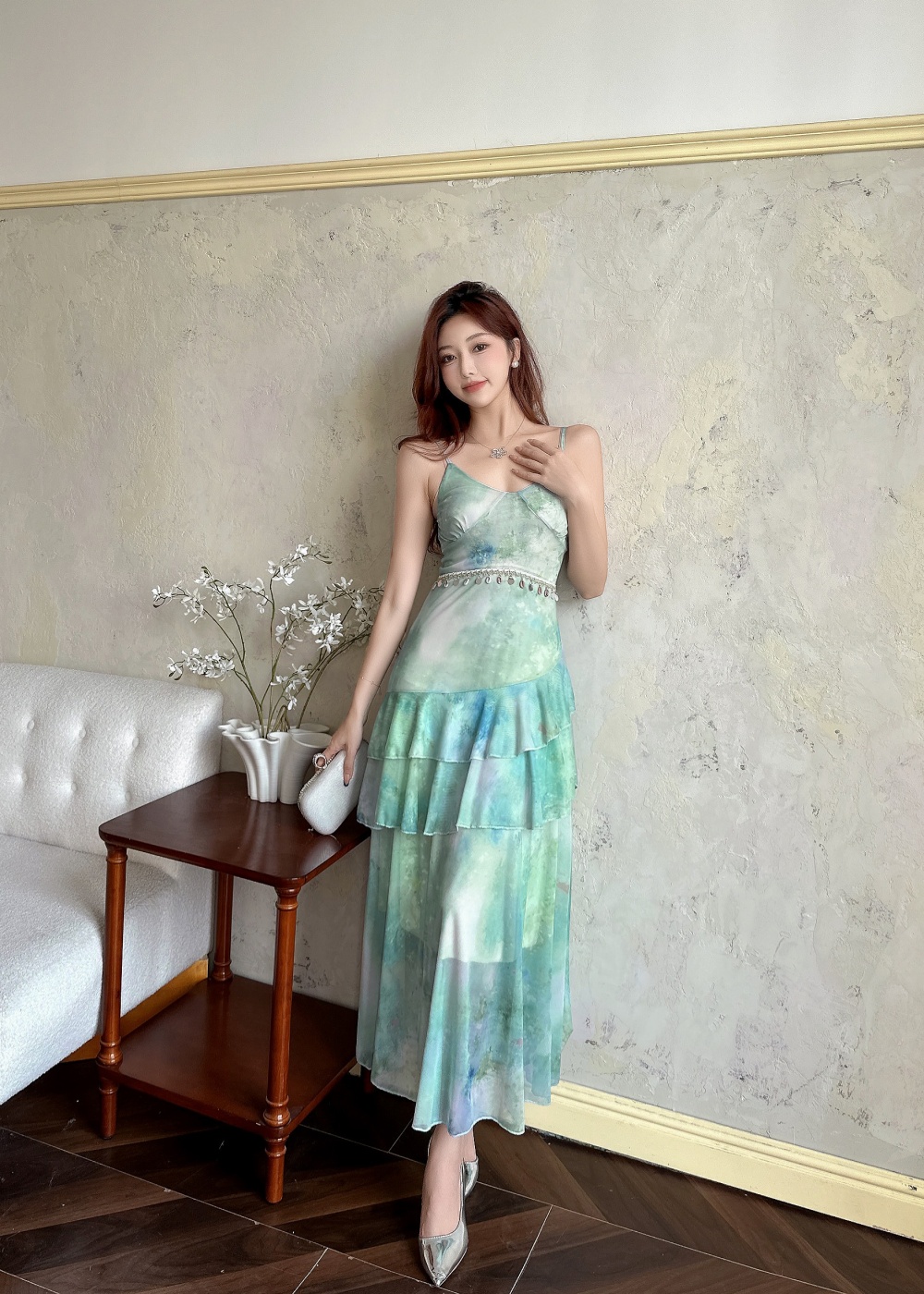 Printing sexy long gauze sling dress