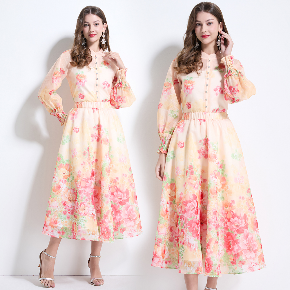 Vacation cstand collar printing skirt 2pcs set