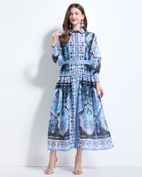 Pinched waist retro long dress collar vacation dress