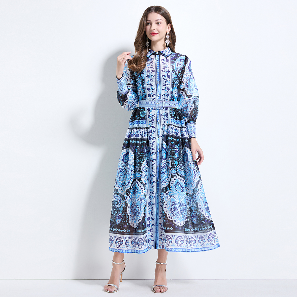 Pinched waist retro long dress collar vacation dress