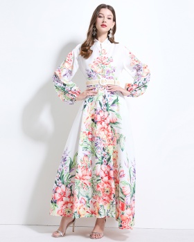 Lantern sleeve pinched waist flowers printing dress