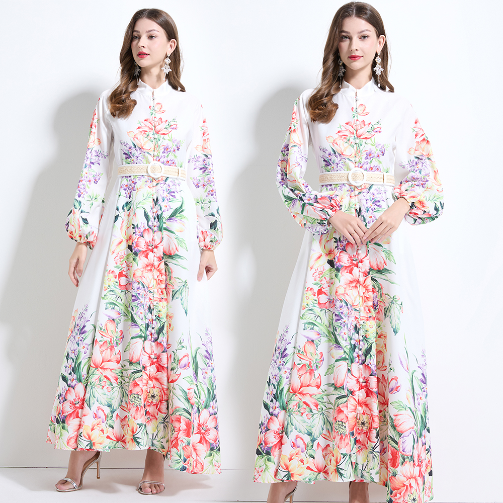 Lantern sleeve pinched waist flowers printing dress