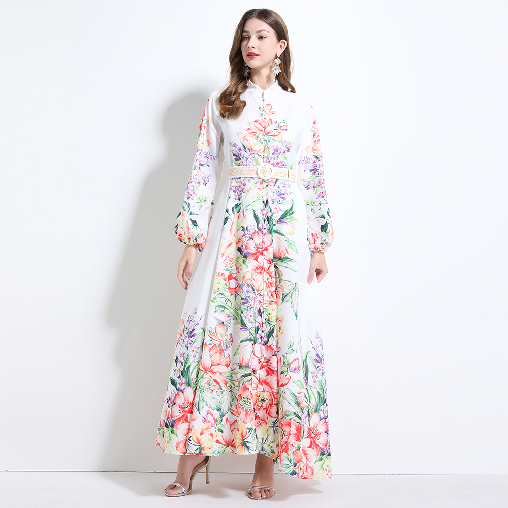 Lantern sleeve pinched waist flowers printing dress