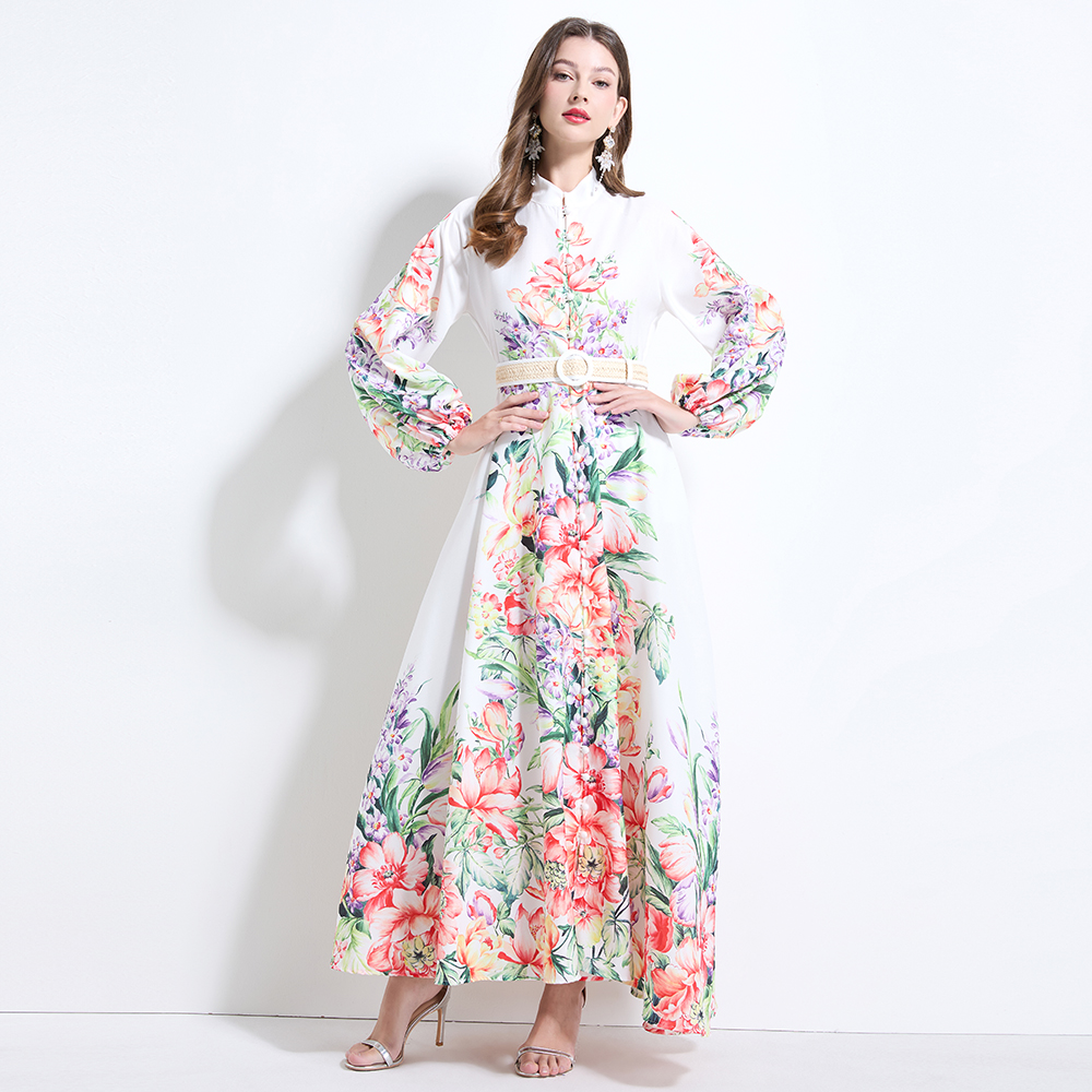 Lantern sleeve pinched waist flowers printing dress