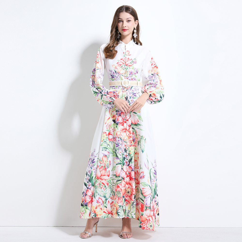 Lantern sleeve pinched waist flowers printing dress