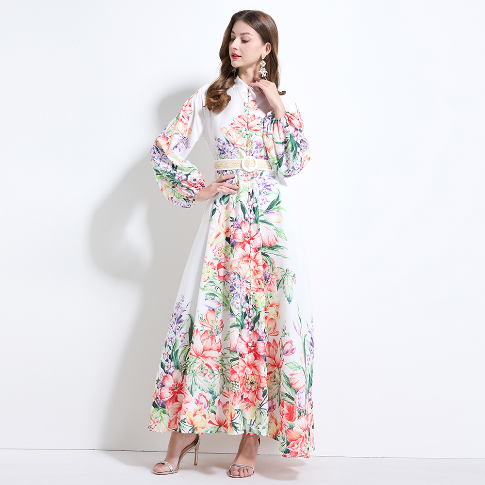 Lantern sleeve pinched waist flowers printing dress