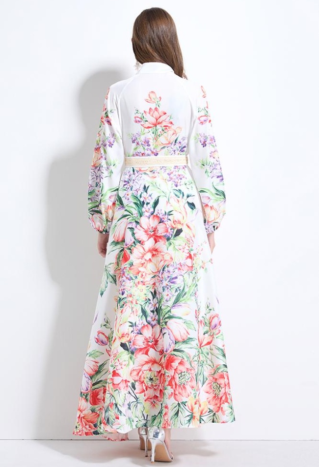 Lantern sleeve pinched waist flowers printing dress