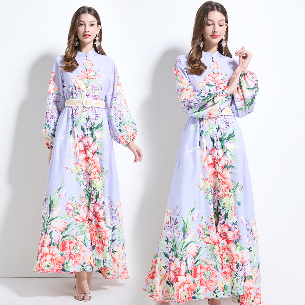 Printing lotus leaf edges vacation flax pinched waist dress