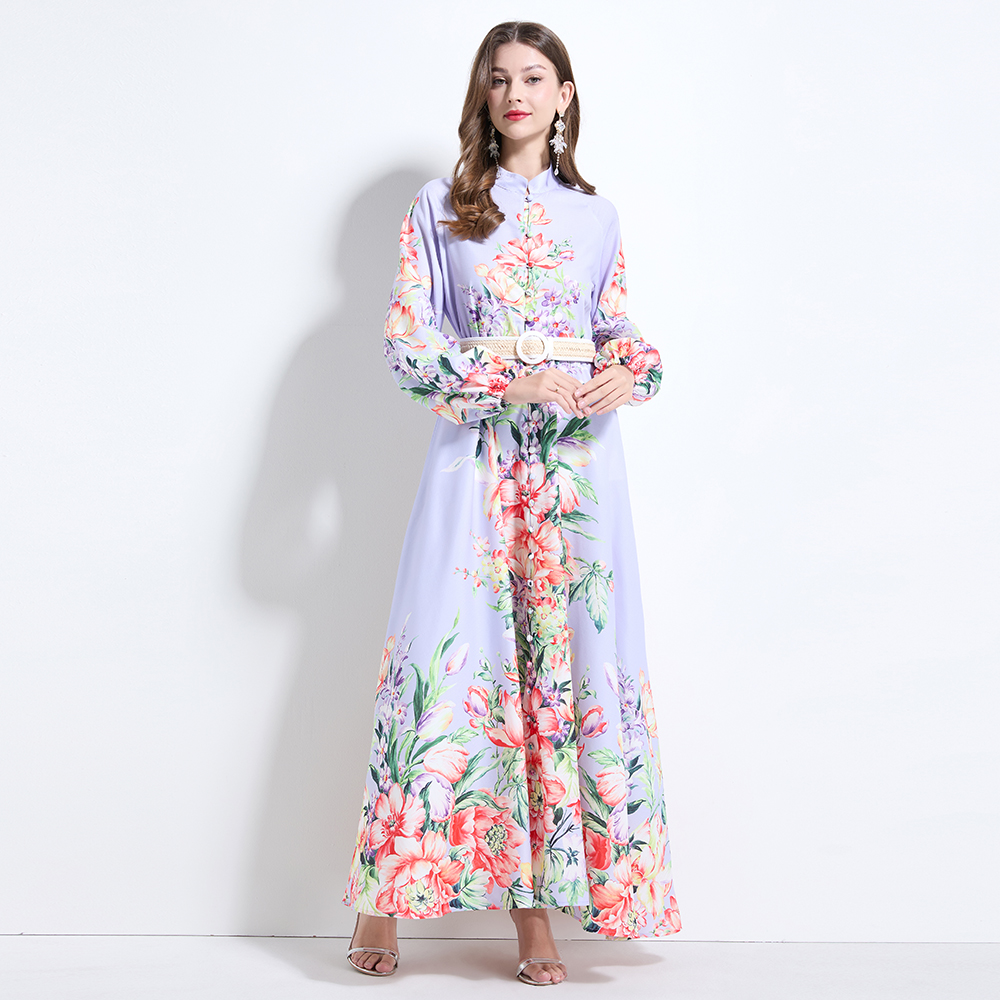 Printing lotus leaf edges vacation flax pinched waist dress