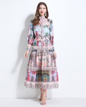 Chiffon lantern sleeve retro printing cstand collar dress