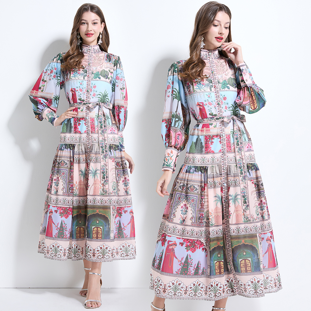 Chiffon lantern sleeve retro printing cstand collar dress