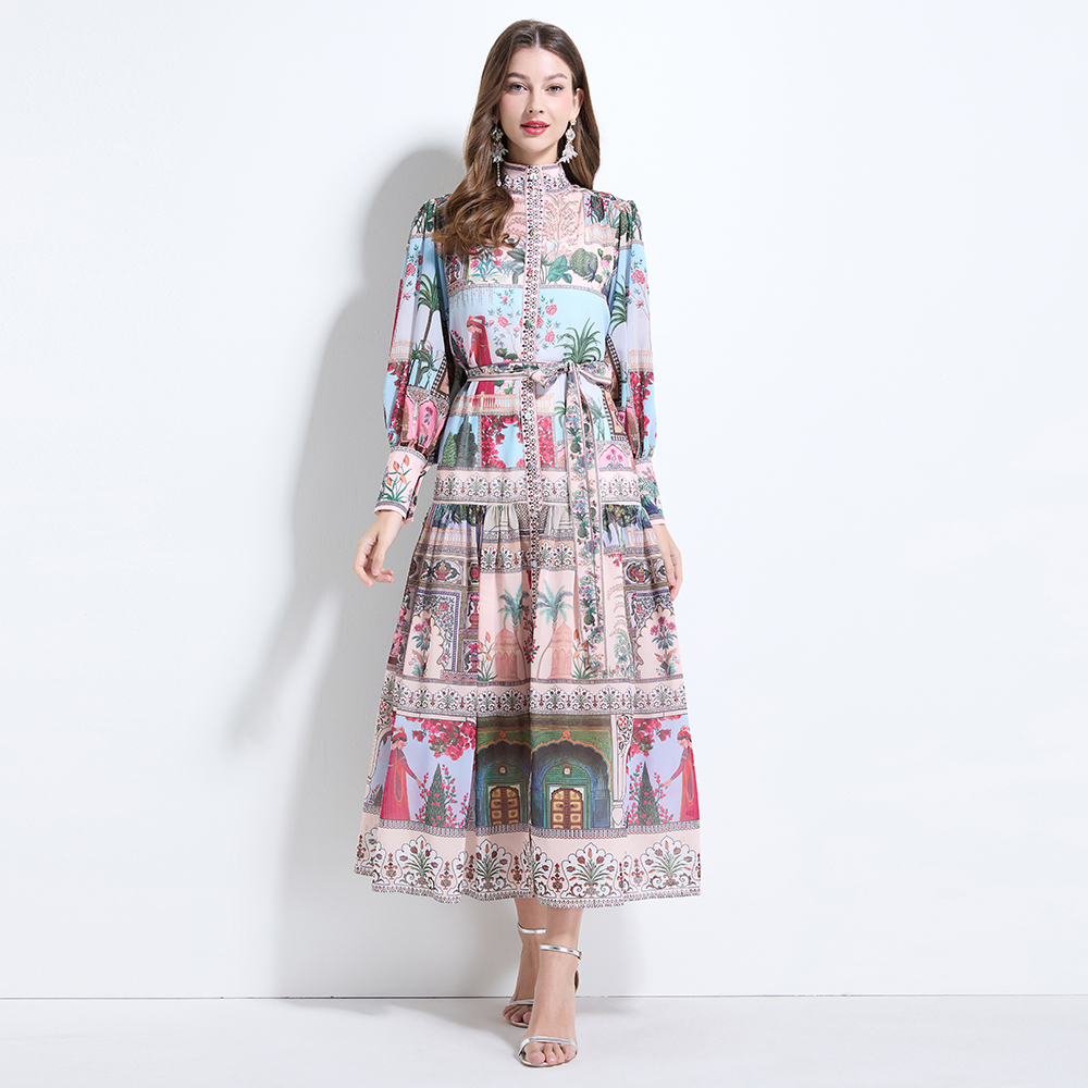 Chiffon lantern sleeve retro printing cstand collar dress