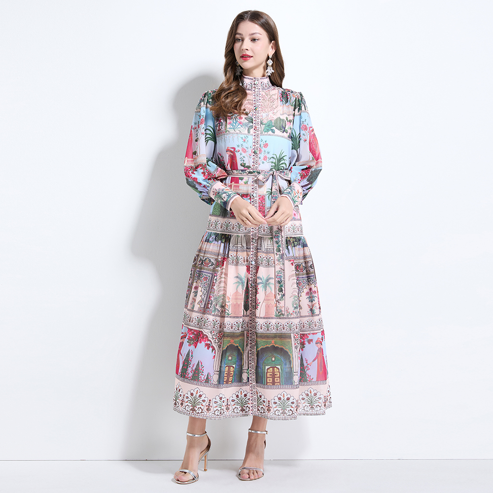 Chiffon lantern sleeve retro printing cstand collar dress