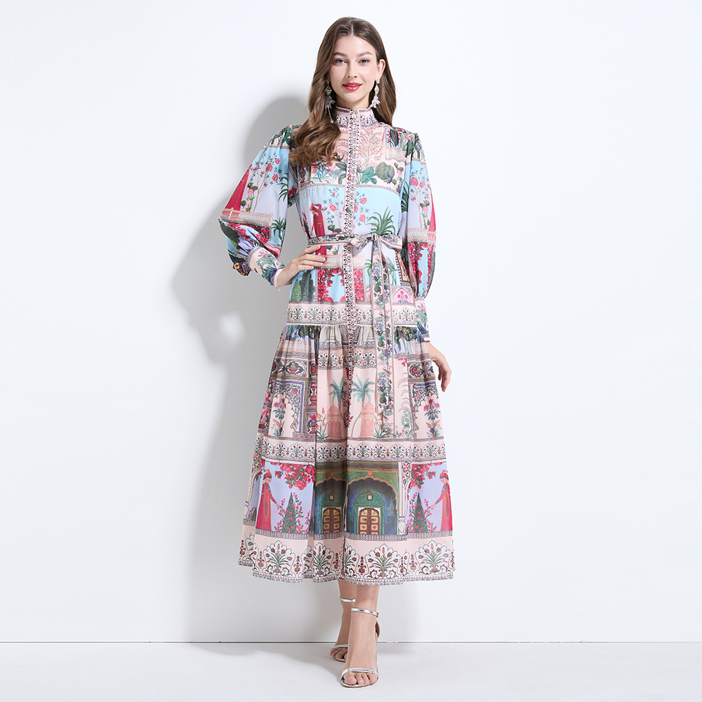 Chiffon lantern sleeve retro printing cstand collar dress