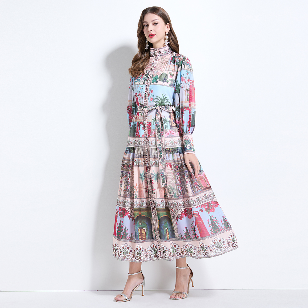 Chiffon lantern sleeve retro printing cstand collar dress