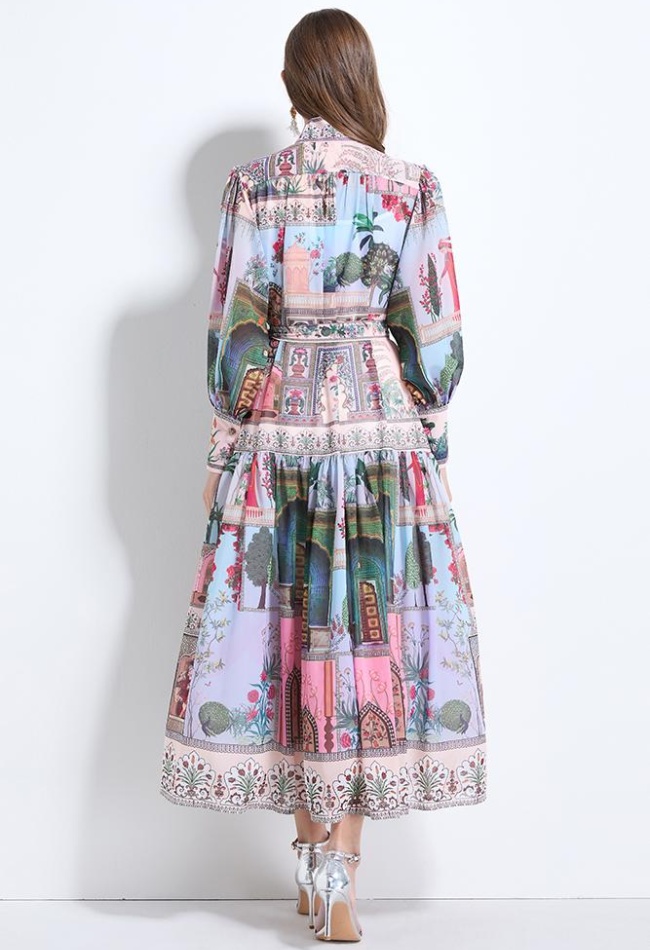 Chiffon lantern sleeve retro printing cstand collar dress