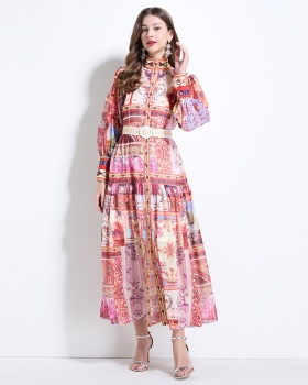 Retro lantern sleeve chiffon court style printing dress