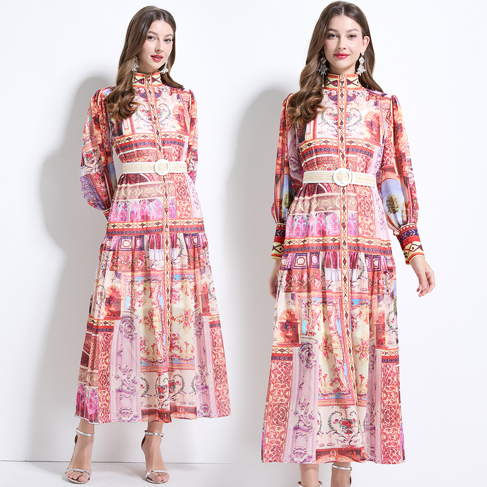 Retro lantern sleeve chiffon court style printing dress