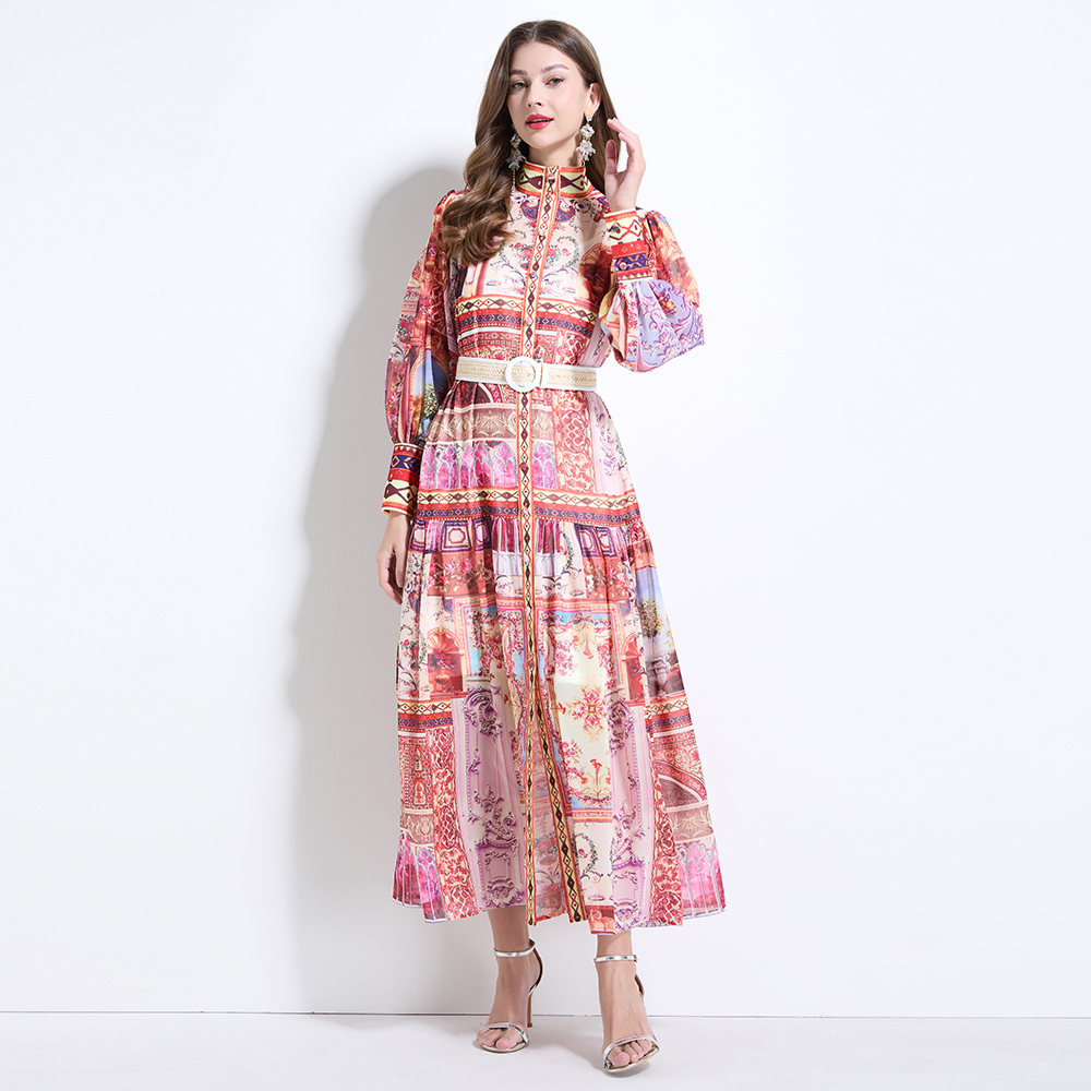 Retro lantern sleeve chiffon court style printing dress