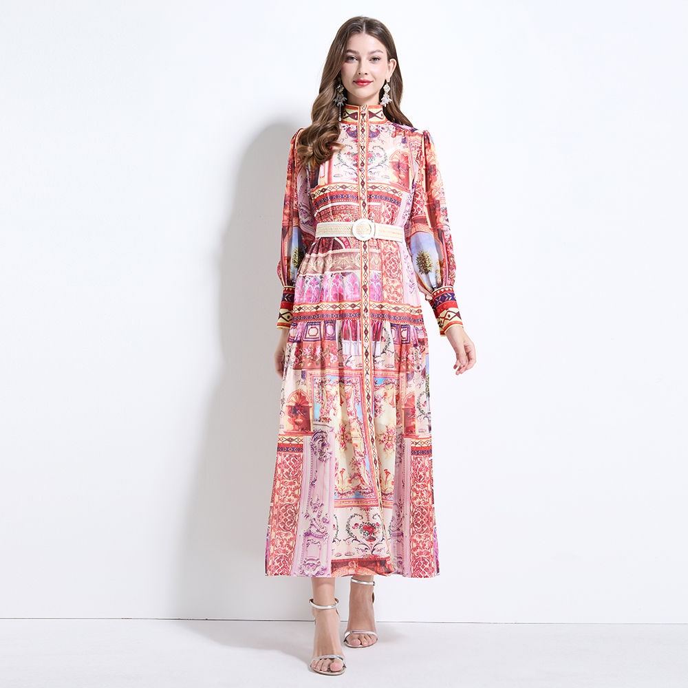 Retro lantern sleeve chiffon court style printing dress